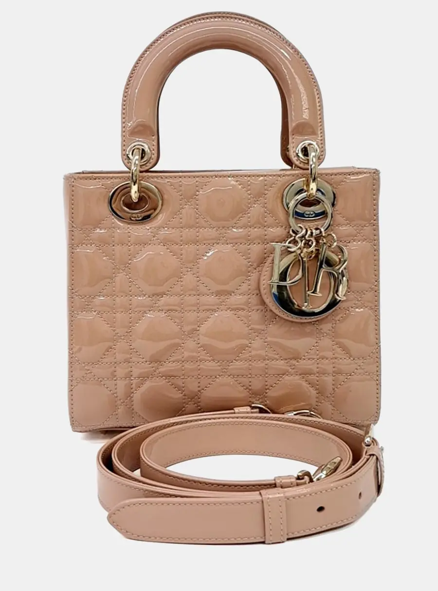 Christian Dior Beige Leather Patent Lady Bag Small