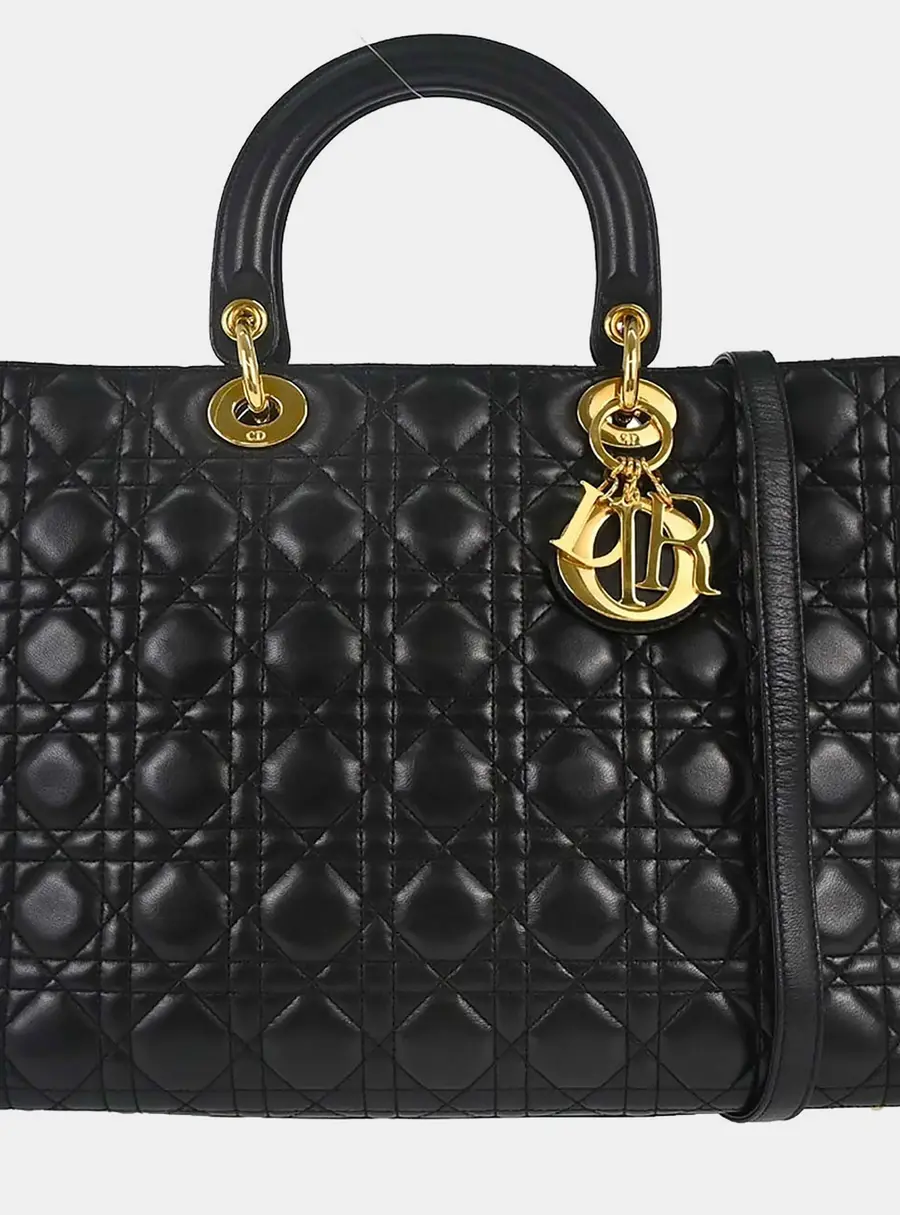 Christian Dior Lady Dior Large Black Lambskin Cannage Top Handle Bag