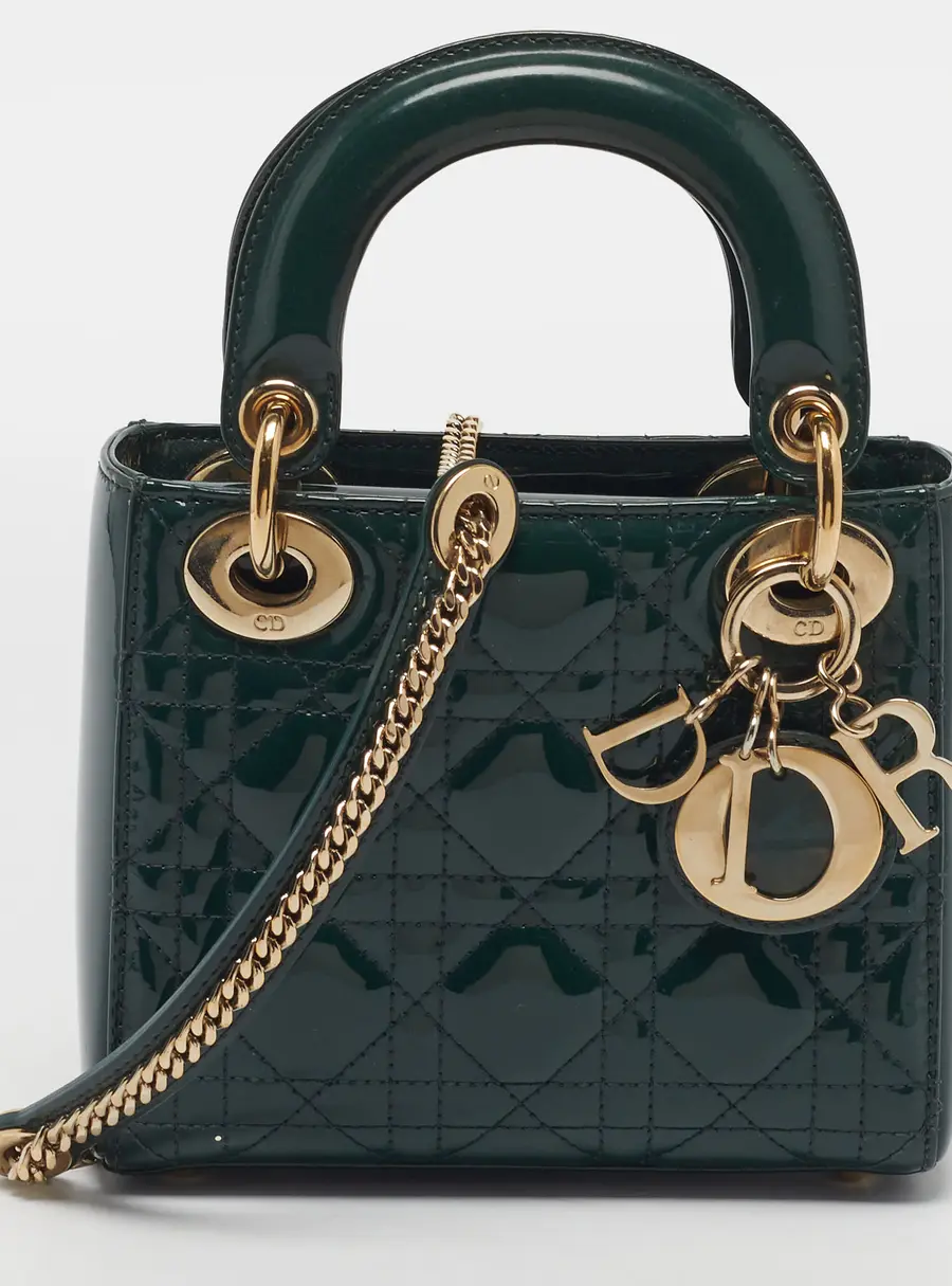 Dior Lady Dior Mini Green Cannage Patent Leather Tote