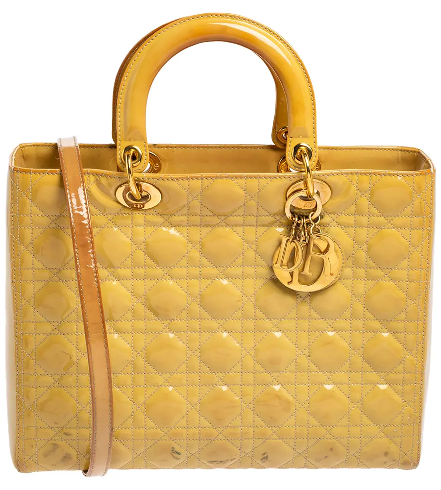Dior Yellow Cannage Patent Leather Large Lady Dior Tote