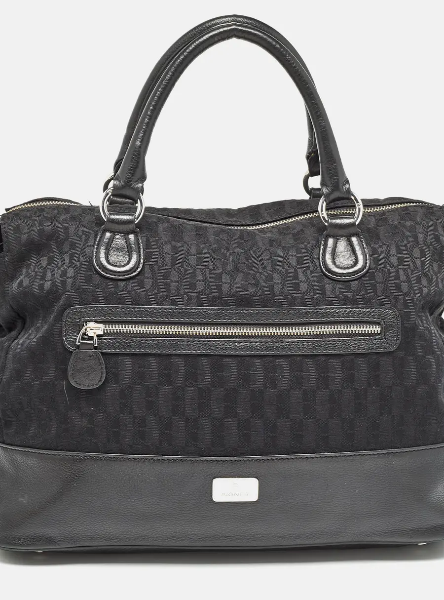 Aigner Black Monogram Canvas and Leather Front Pocket Tote