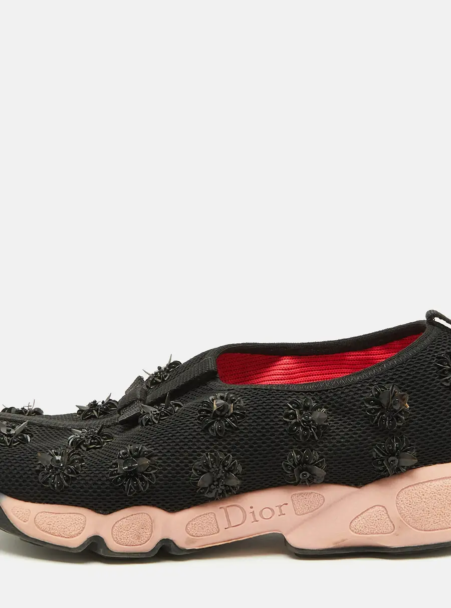 Dior Black Mesh Floral Embellished Fusion Slip On Sneakers Size 37.5