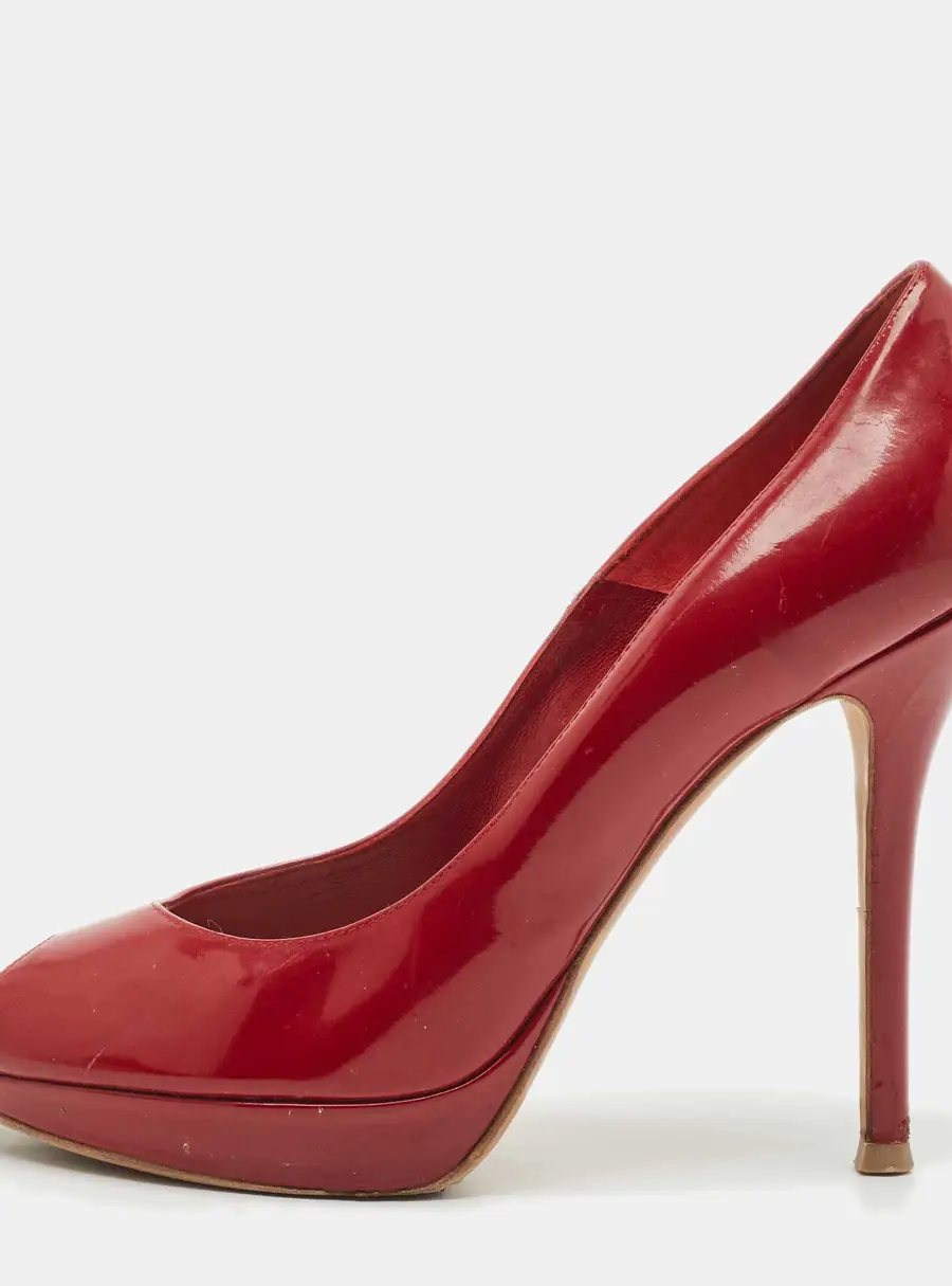 Dior Burgundy Patent Peep Toe Platform Pumps Size 38