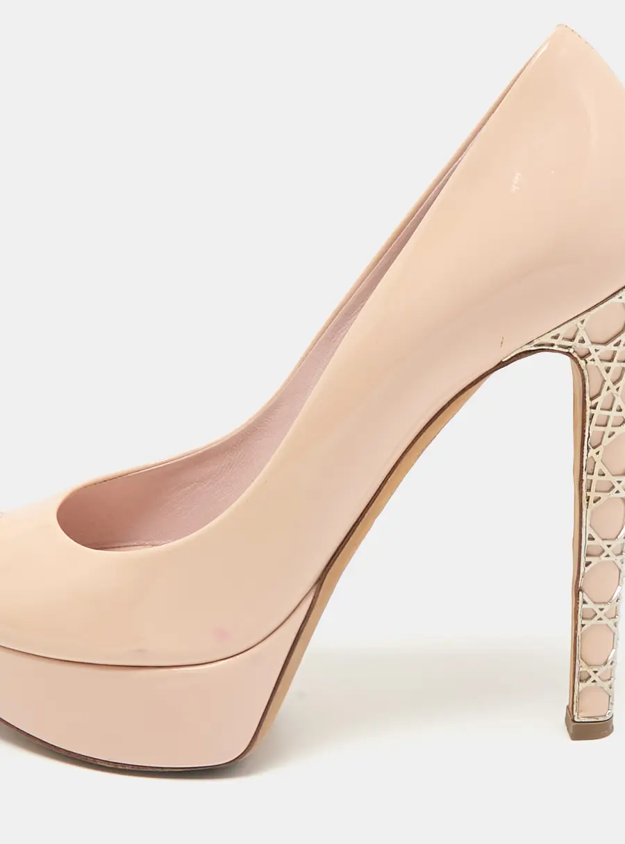 Dior Light Pink Patent Leather Metal Cannage Peep Toe Platform Pumps Size 38.5