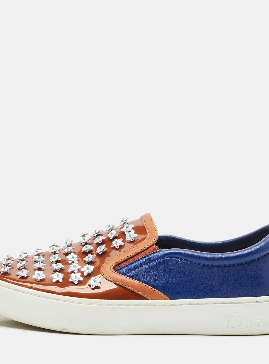 Dior Blue/Brown Leather And PVC Floral Embellished Slip On Sneaker Size 38