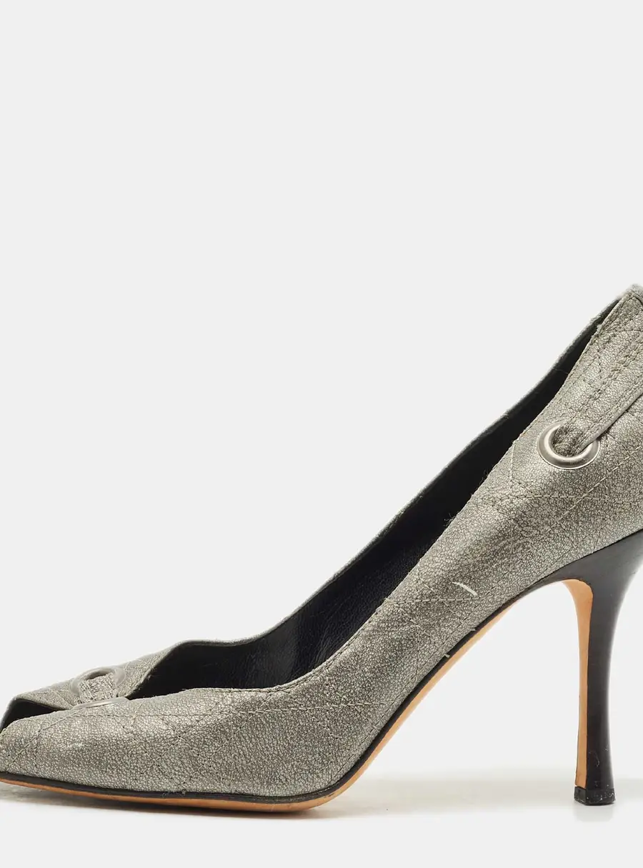 Dior Metallic Grey Cannage Leather Peep Toe Pumps Size 37