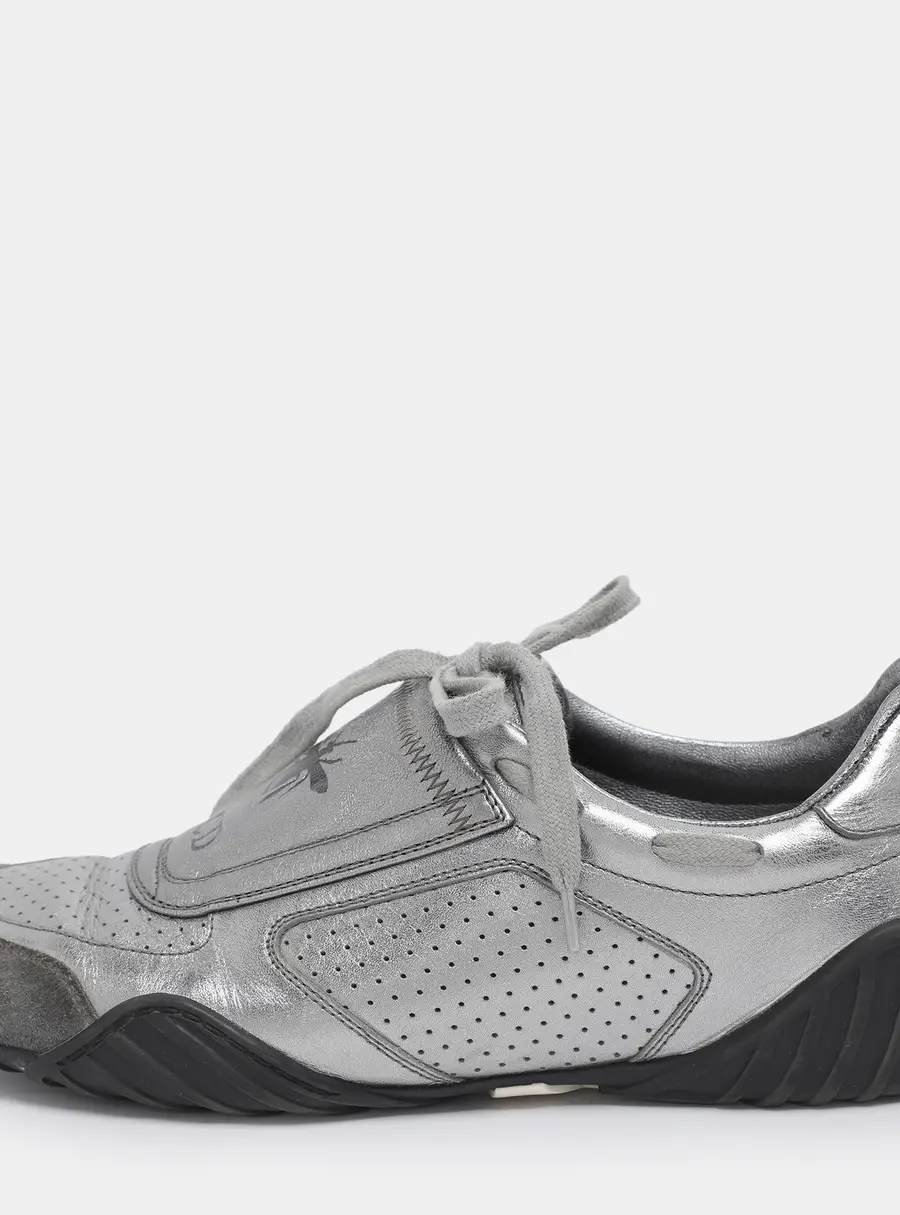 Dior Metallic Grey Leather and Suede D-Fence Sneakers Size 35.5