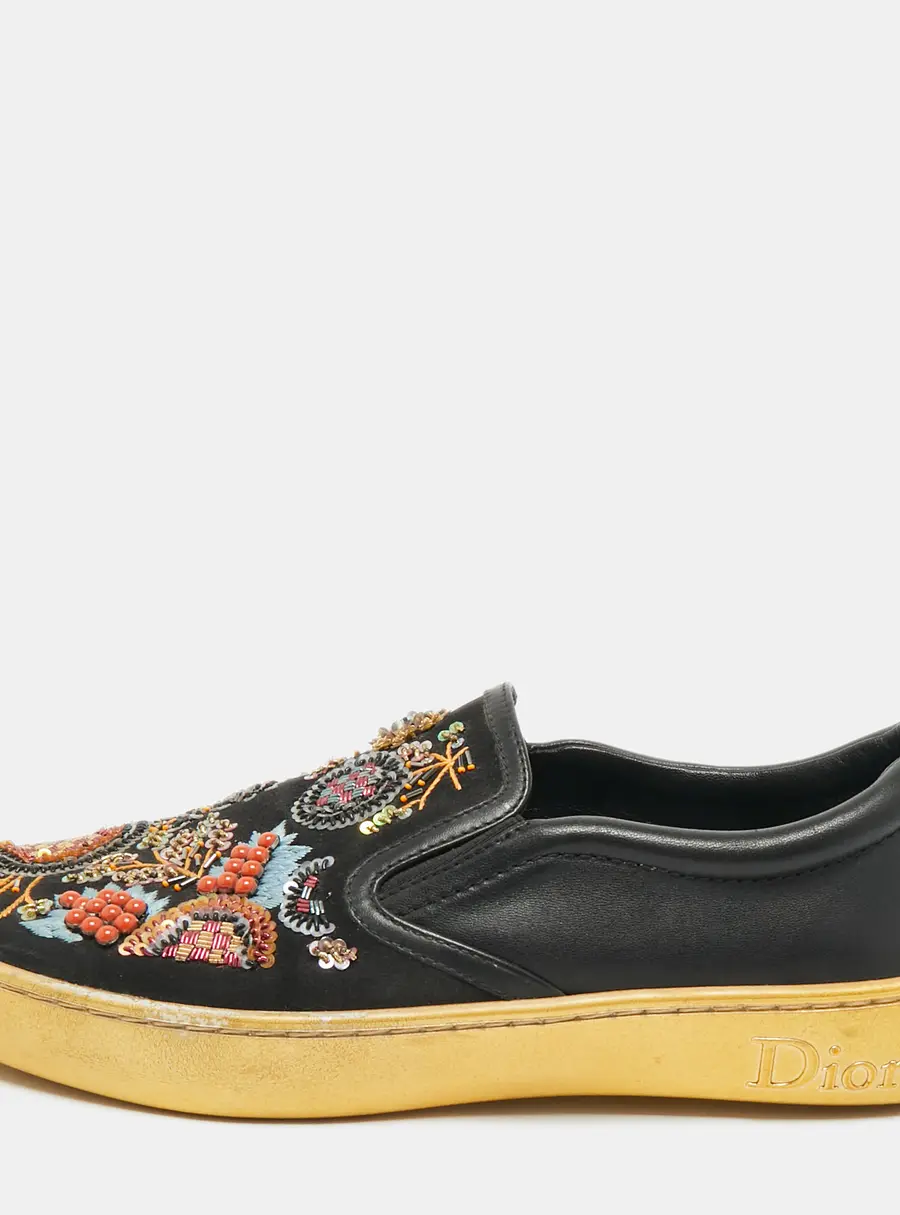 Dior Black/Gold Leather And Satin Floral Embellished Slip On Sneaker Size 36.5