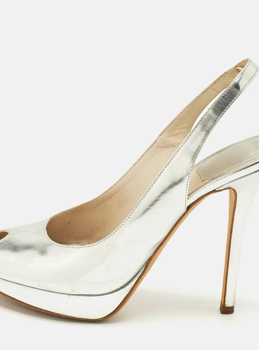 Dior Silver Patent Leather Peep Toe Slingback Pumps Size 38