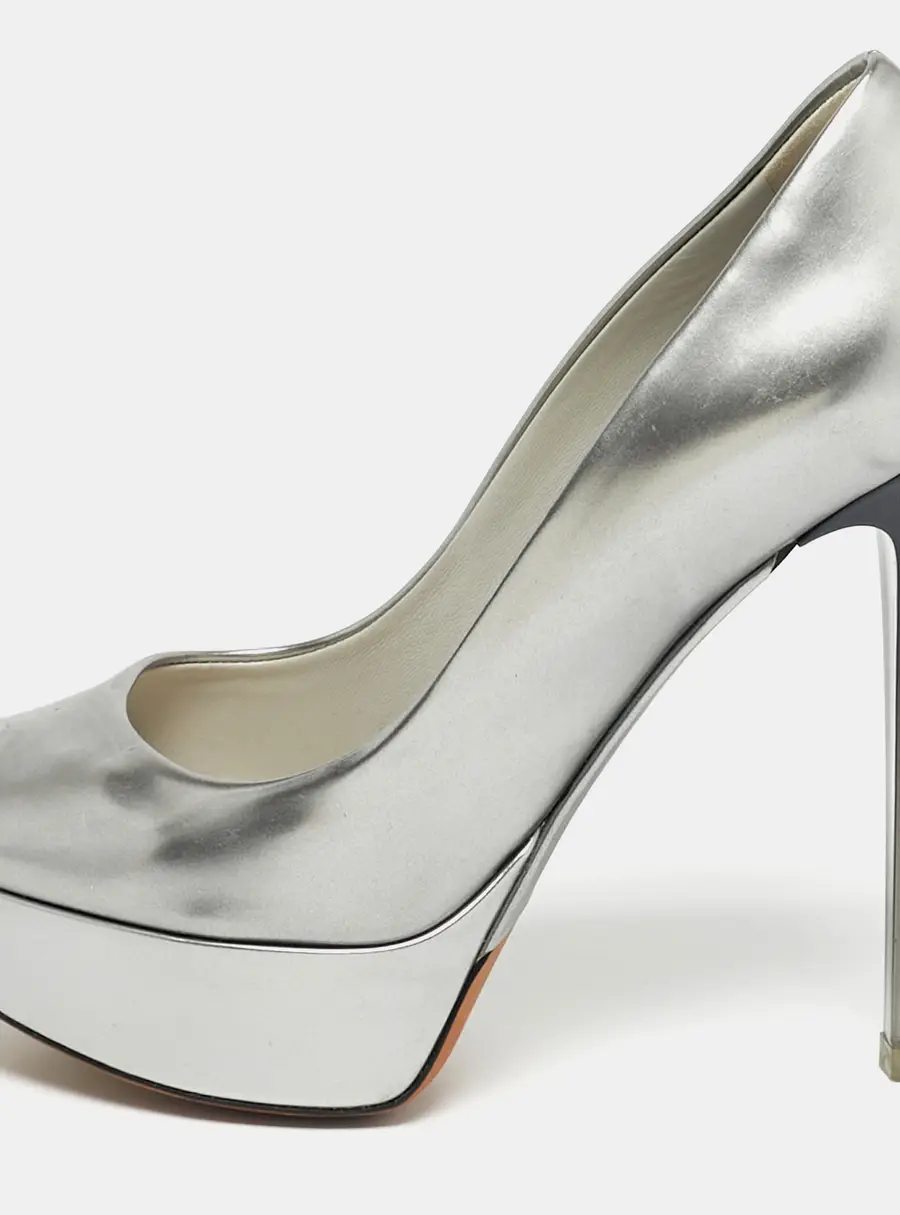 Dior Silver Patent Leather Miss Dior Peep Toe Pumps Size 35
