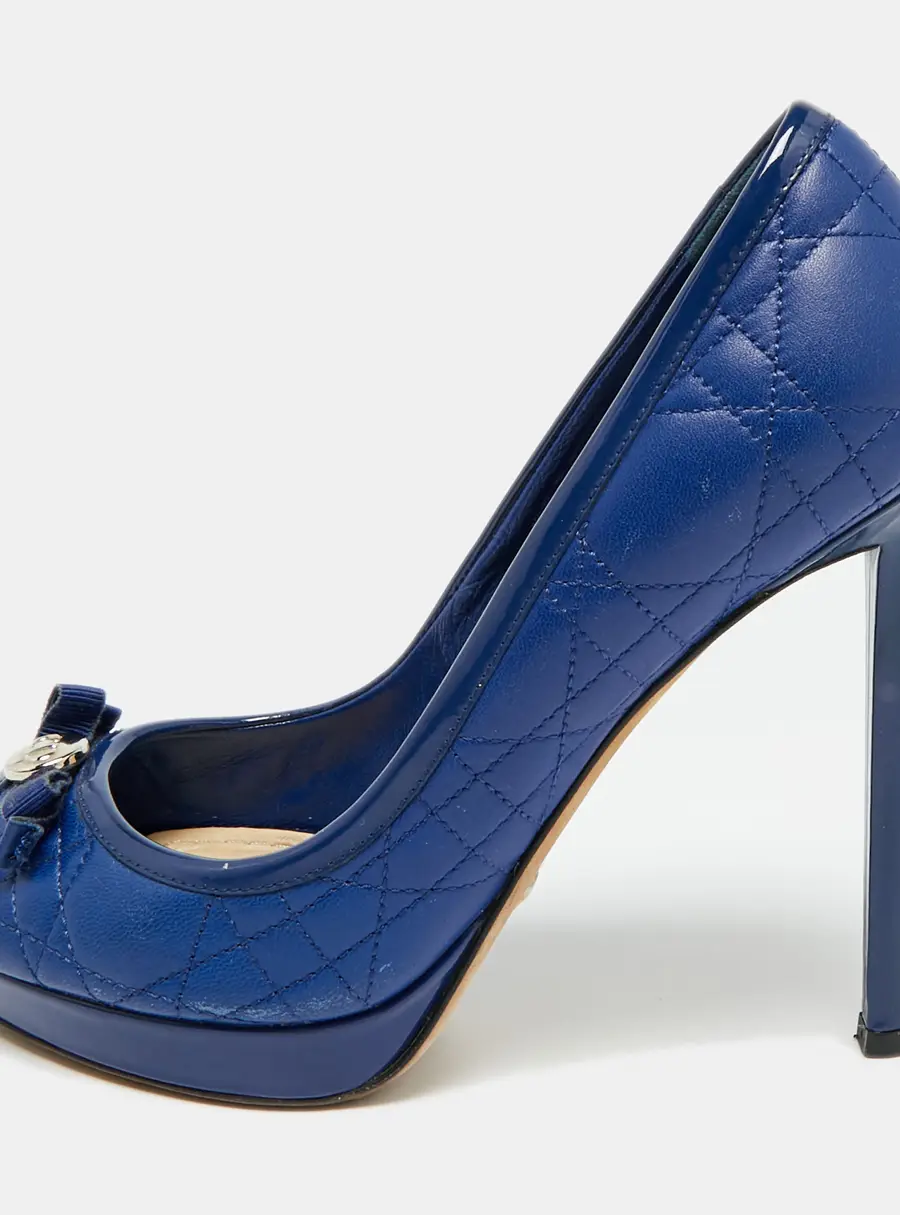 Dior Size 36.5 Blue Cannage Leather and Patent Leather Peep Toe Pumps