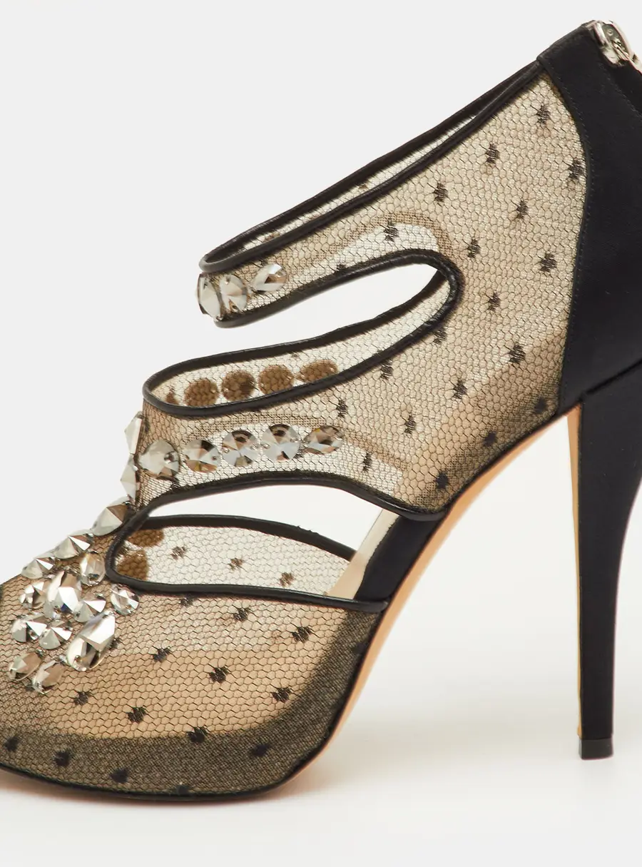 Dior Size 39.5 Black Mesh and Satin Cut Out Crystal Embellished Peep Toe Sandals