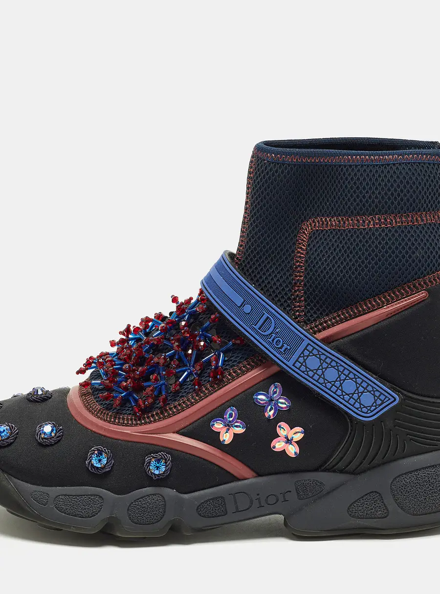 Dior Fusion Size 38 Black Fabric, Mesh and Rubber Crystal Embellished High Top Sneakers