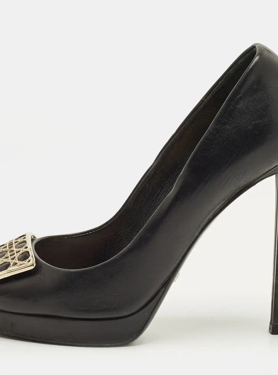 Dior Size 36 Black Leather Cannage Plaque Peep Toe Pumps