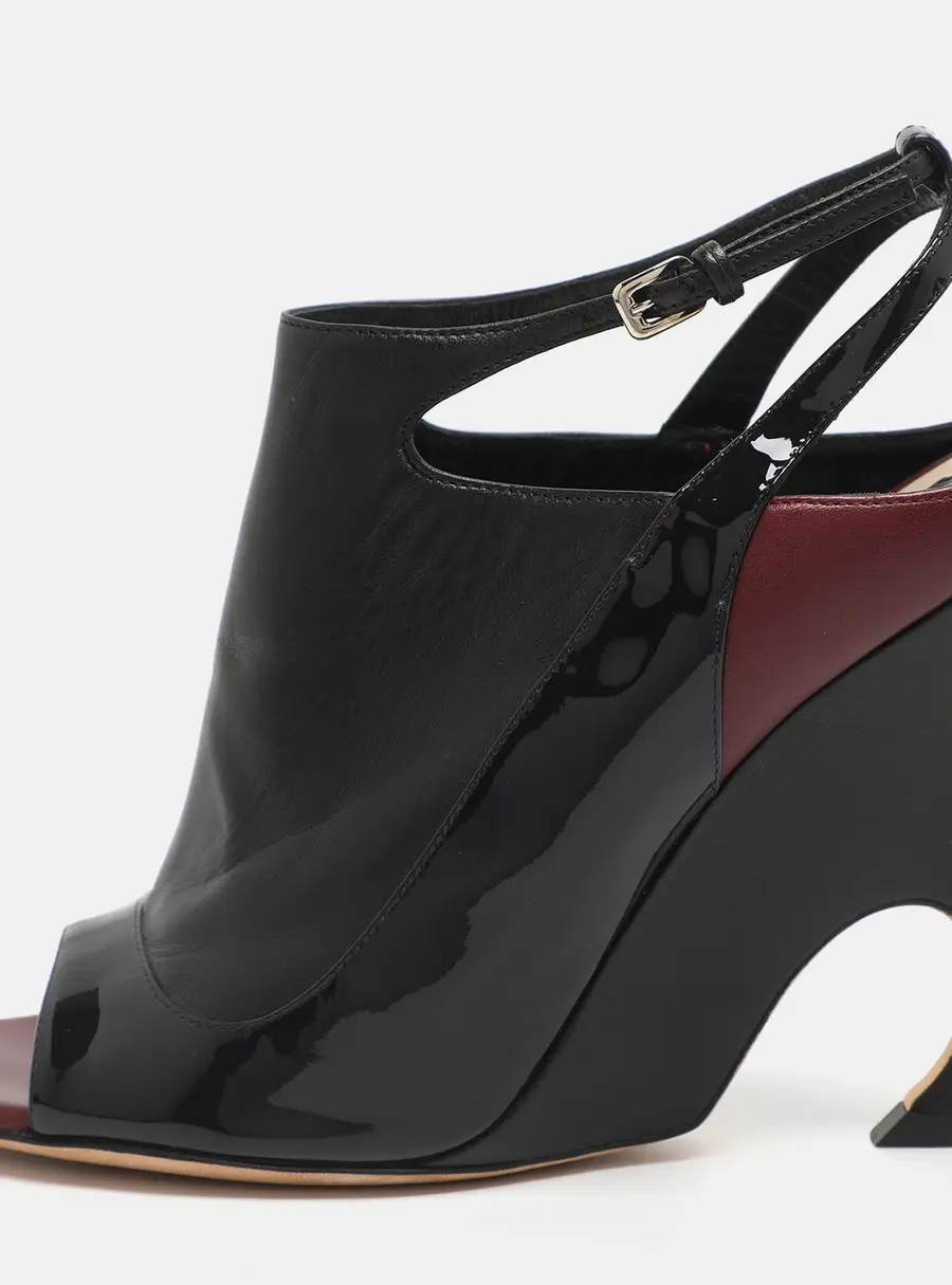 Dior Size 37.5 Black Patent Leather Wedge Slingback Sandals