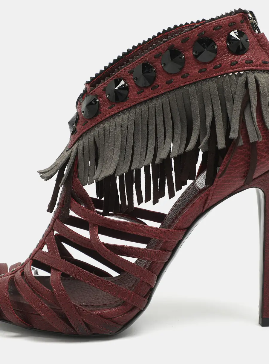 Dior Size 36.5 Burgundy Leather and Suede Fringe Ankle Strap Sandals