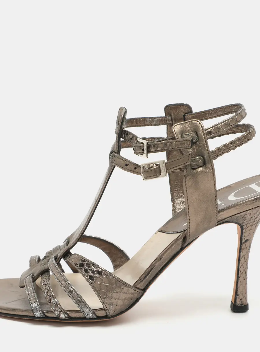 Dior Size 37 Metallic Metalic Leather and Python Leather Ankle Strap Sandals