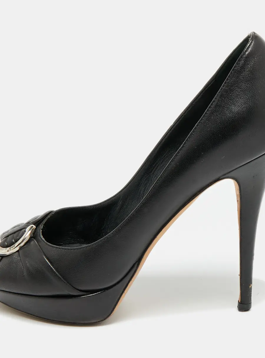 Dior Size 37 Black Leather Peep Toe Platform Pumps