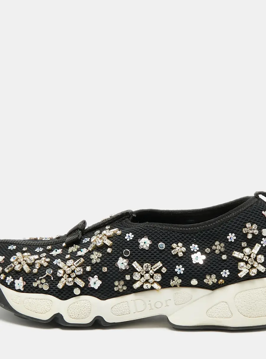 Dior Fusion Size 35 Black Mesh Crystal Embellished Slip On Sneakers