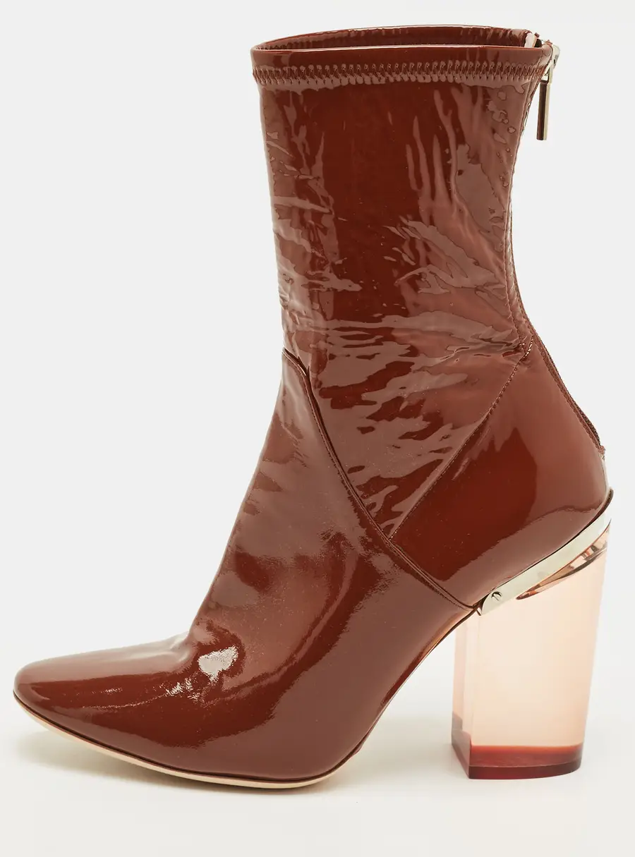 Dior Size 38.5 Brown Patent Leather Clear Heel Ankle Length Boots