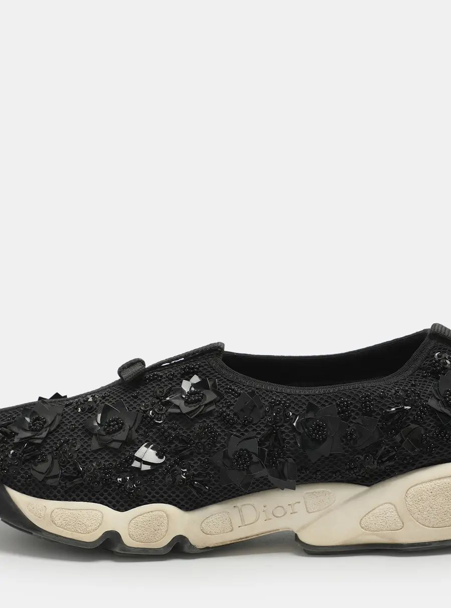Dior Fusion Size 37 Black Mesh Flower Embellished Low Top Sneakers