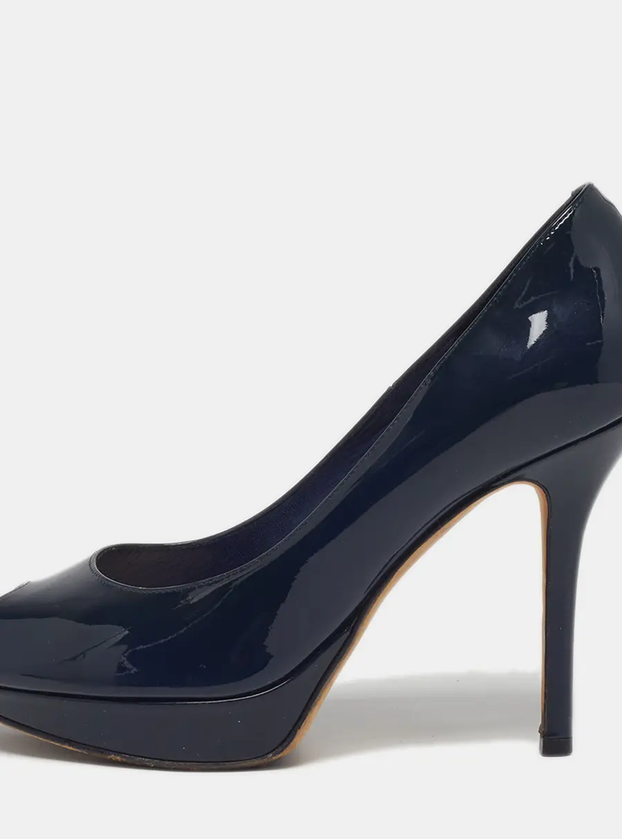 Dior Miss Dior Size 37 Navy Blue Patent Leather Peep Toe Pumps