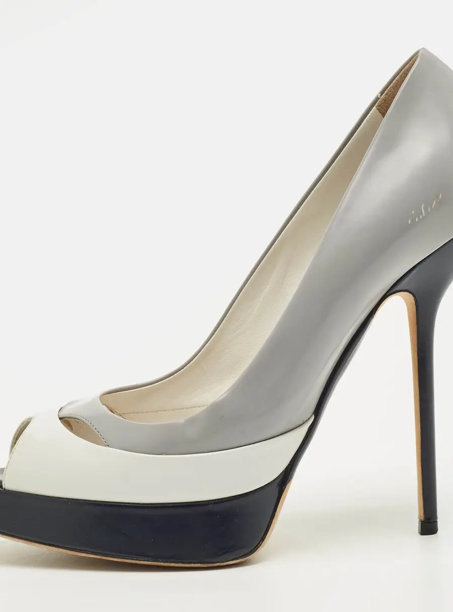 Dior Size 42 Grey/Navy Blue Leather Platform Peep Toe Pumps
