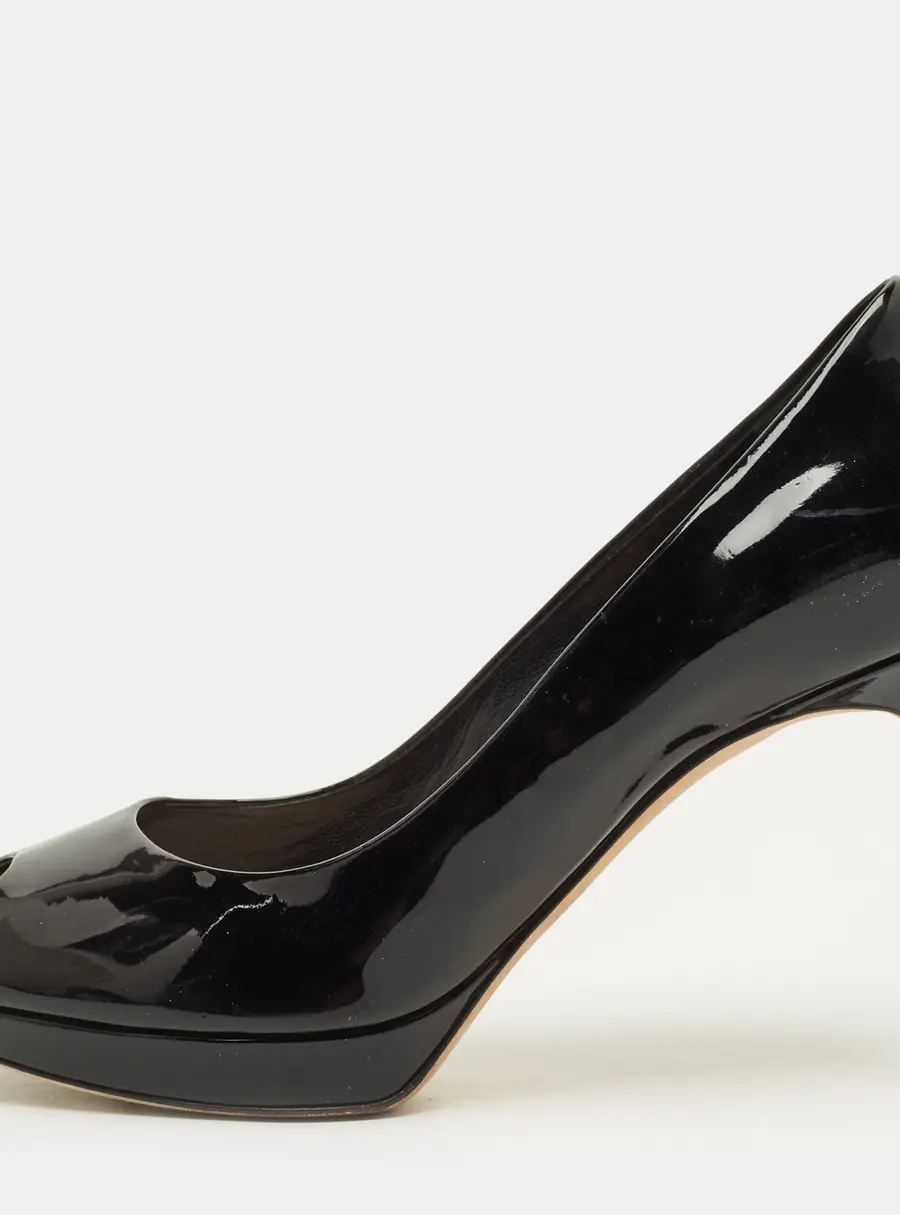 Dior Diorella Size 37 Black Patent Leather Peep Toe Pumps