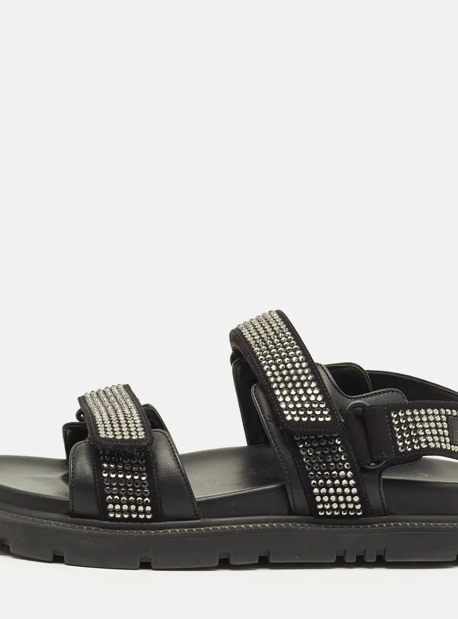 Dior Dioract Size 38 Black Leather and Suede Crystal Embellished Ankle Strap Sandals