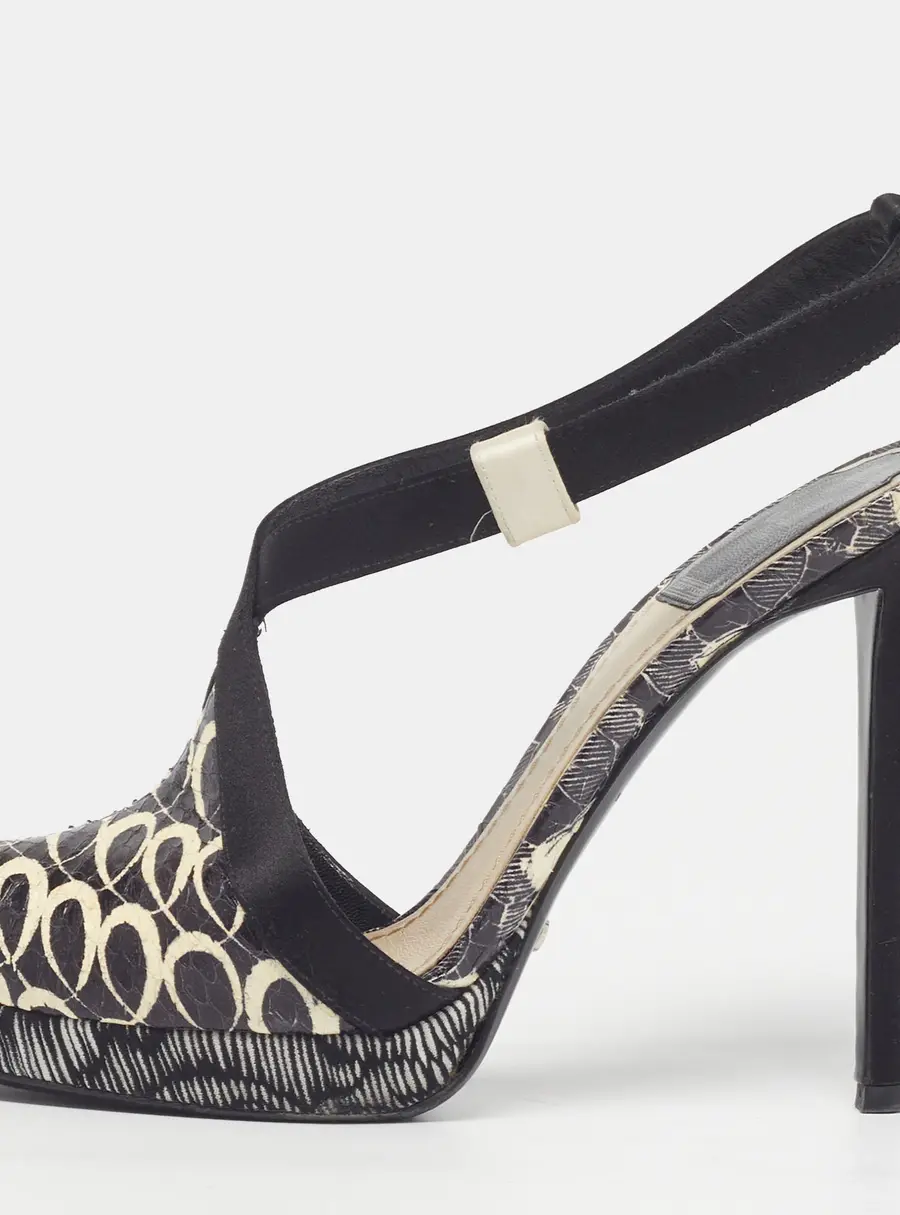 Dior Size 36.5 Black/White Satin and Water Snakeskin Ankle Strap Sandals
