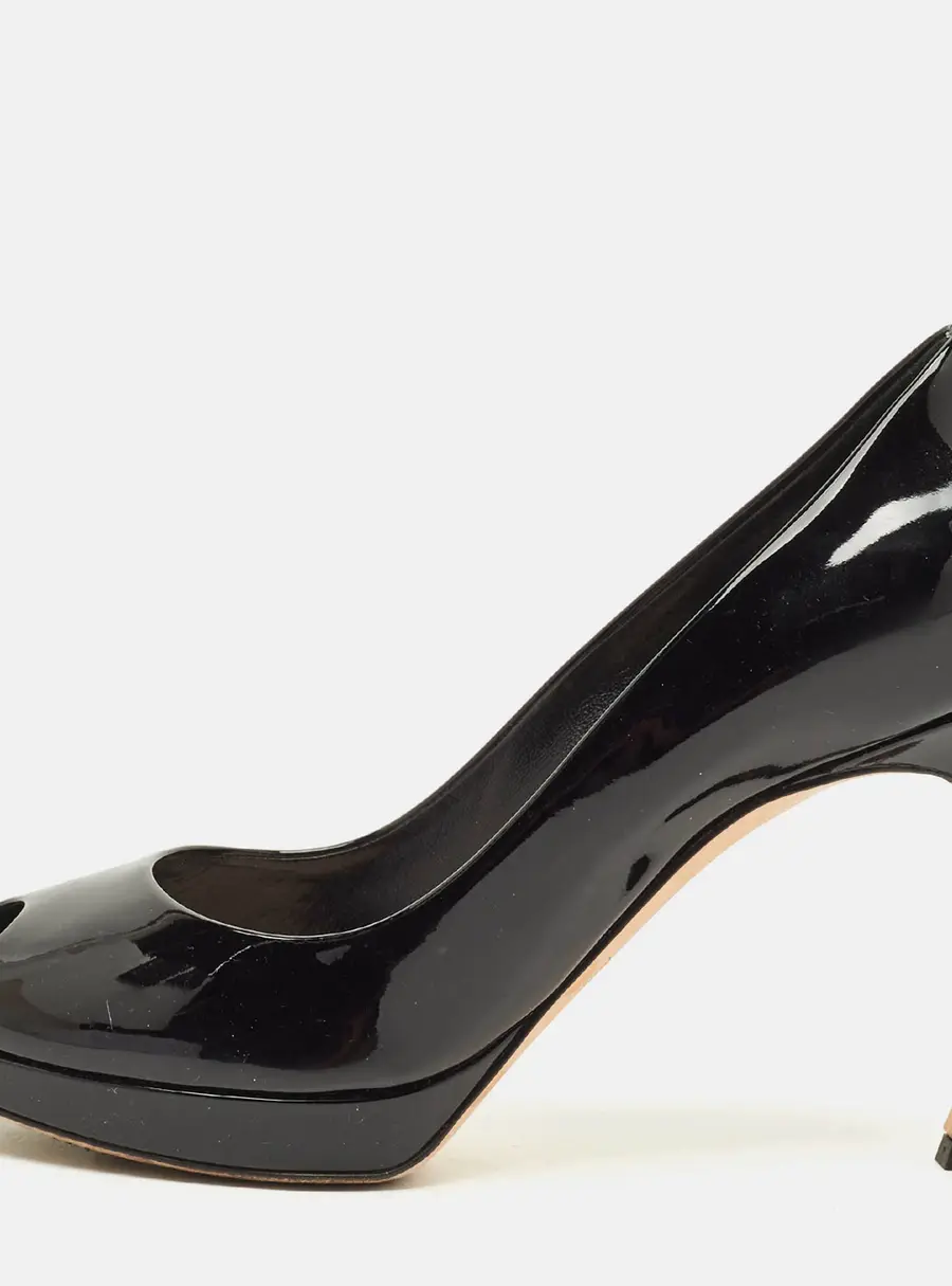 Dior Diorella Size 37 Black Patent Leather Peep Toe Pumps