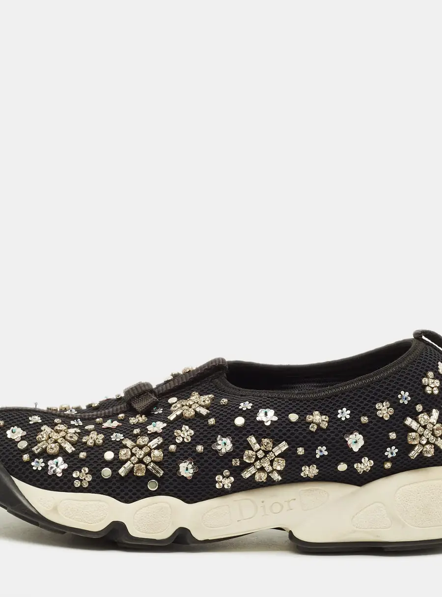 Dior Fusion Size 37 Black Mesh Crystal Embellished Low Top Sneakers
