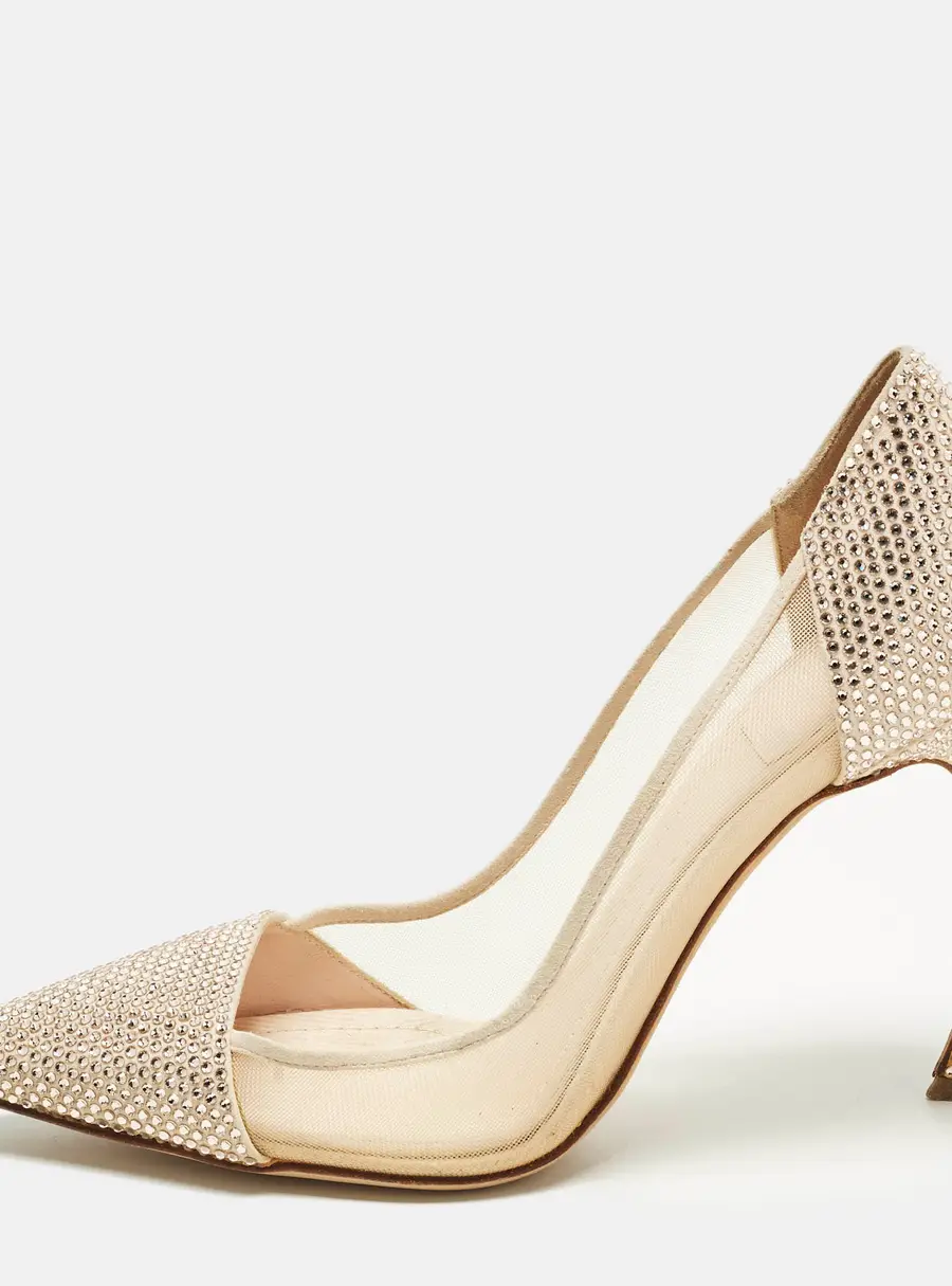 Dior Size 36.5 Beige Crystal Embellished Suede And Mesh Pointed Toe Pumps