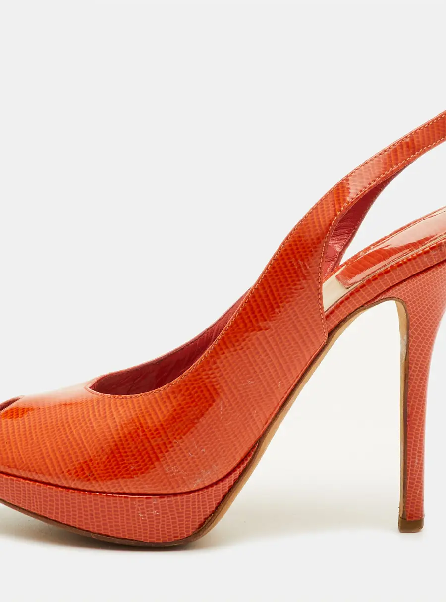 Dior Size 36.5 Orange Croc Embossed Patent Leather Peep Toe Slingback Pumps