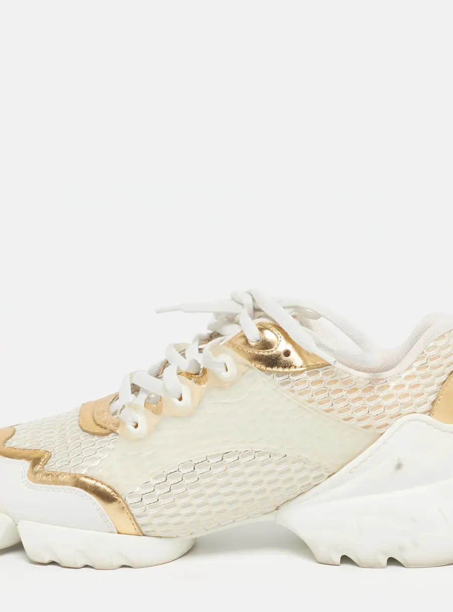 Dior D-Connect Size 38 White/Gold Fabric and PVC Low Top Sneakers
