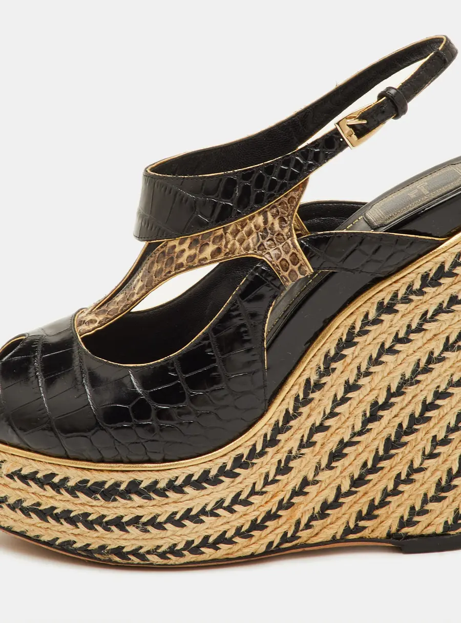 Dior Size 40 Black/Beige Croc Embossed Leather and Python Woven Raffia Wedge Sandals