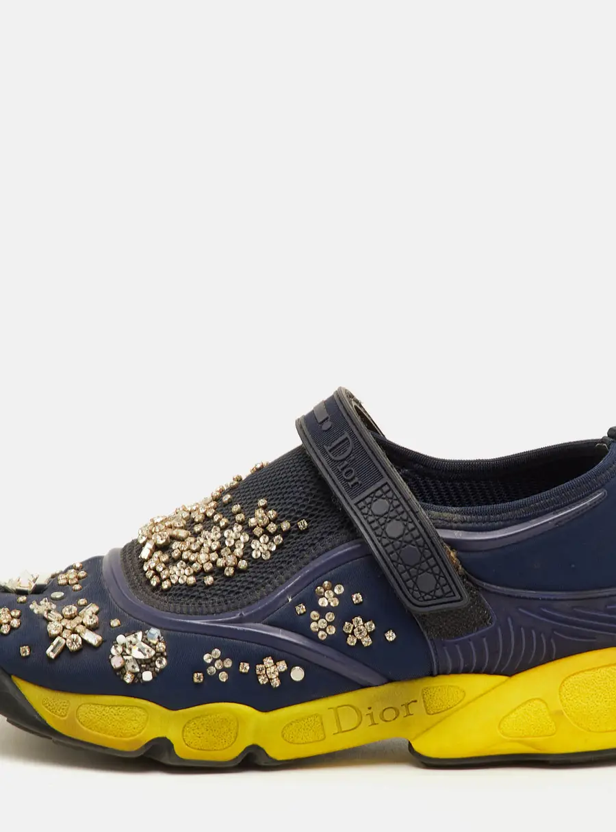 Dior Fusion Size 39.5 Navy Blue Neoprene and Rubber Crystal Embellished Slip On Sneakers