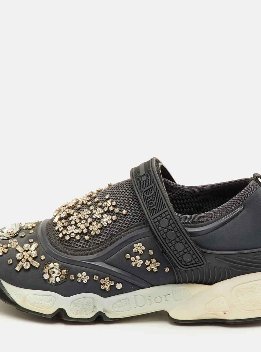 Dior Fusion Size 37 Grey Neoprene and Rubber Crystal Embellished Slip On Sneakers