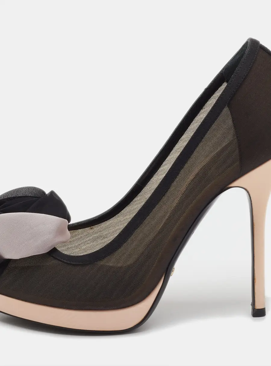 Dior Black/Light Pink Mesh and Satin Garden Flower Detail Peep Toe Pumps Size 38