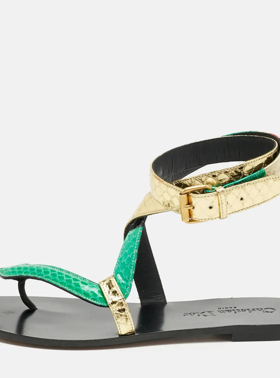 Dior Size 37 Multicolor Snakeskin Leather Ankle Strap Sandals