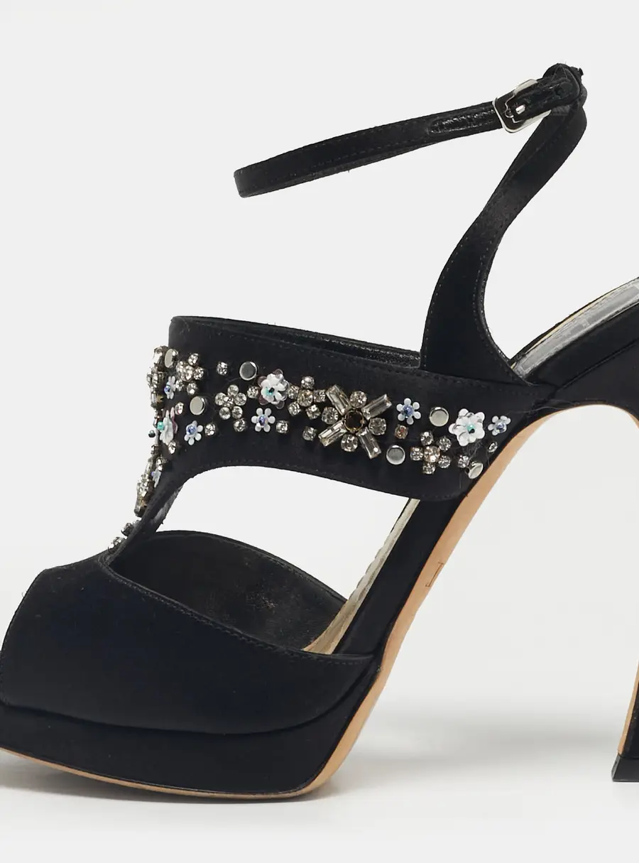Dior Black Satin Crystal Embellished Ankle Strap Sandals Size 37.5