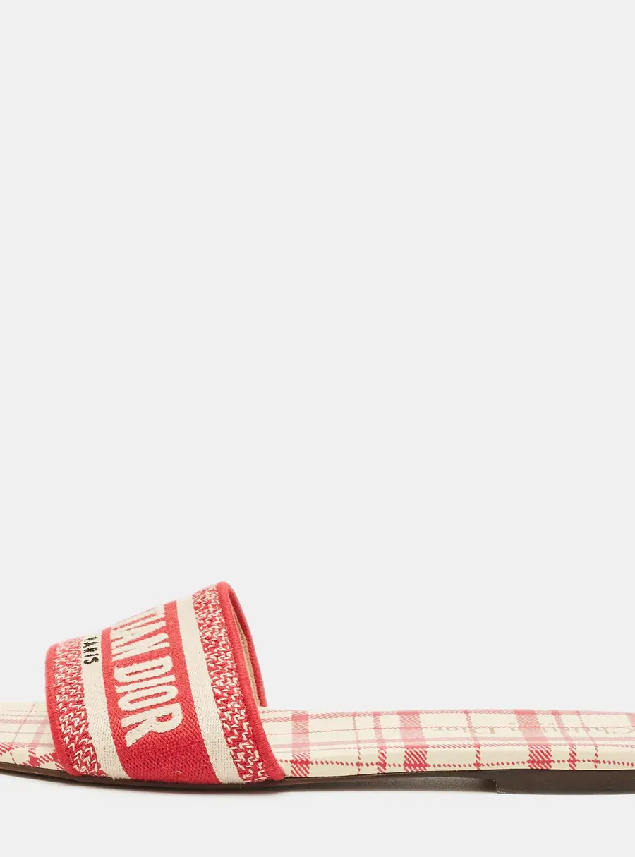 Dior Red/White Embroidered Canvas Dway Flat Slides Size 38