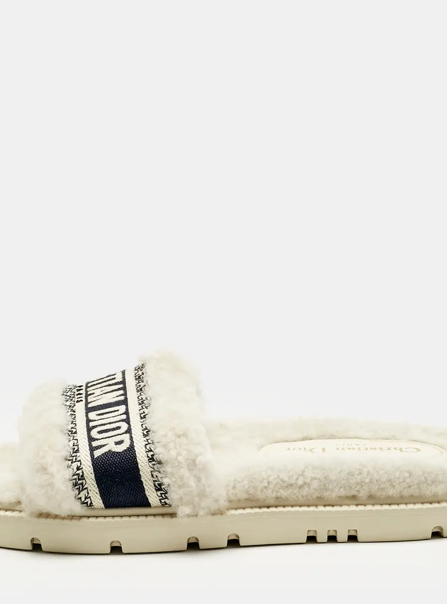 Dior White/Navy Blue Shearling Fur and Logo Canvas Dway Flat Slides Size 38