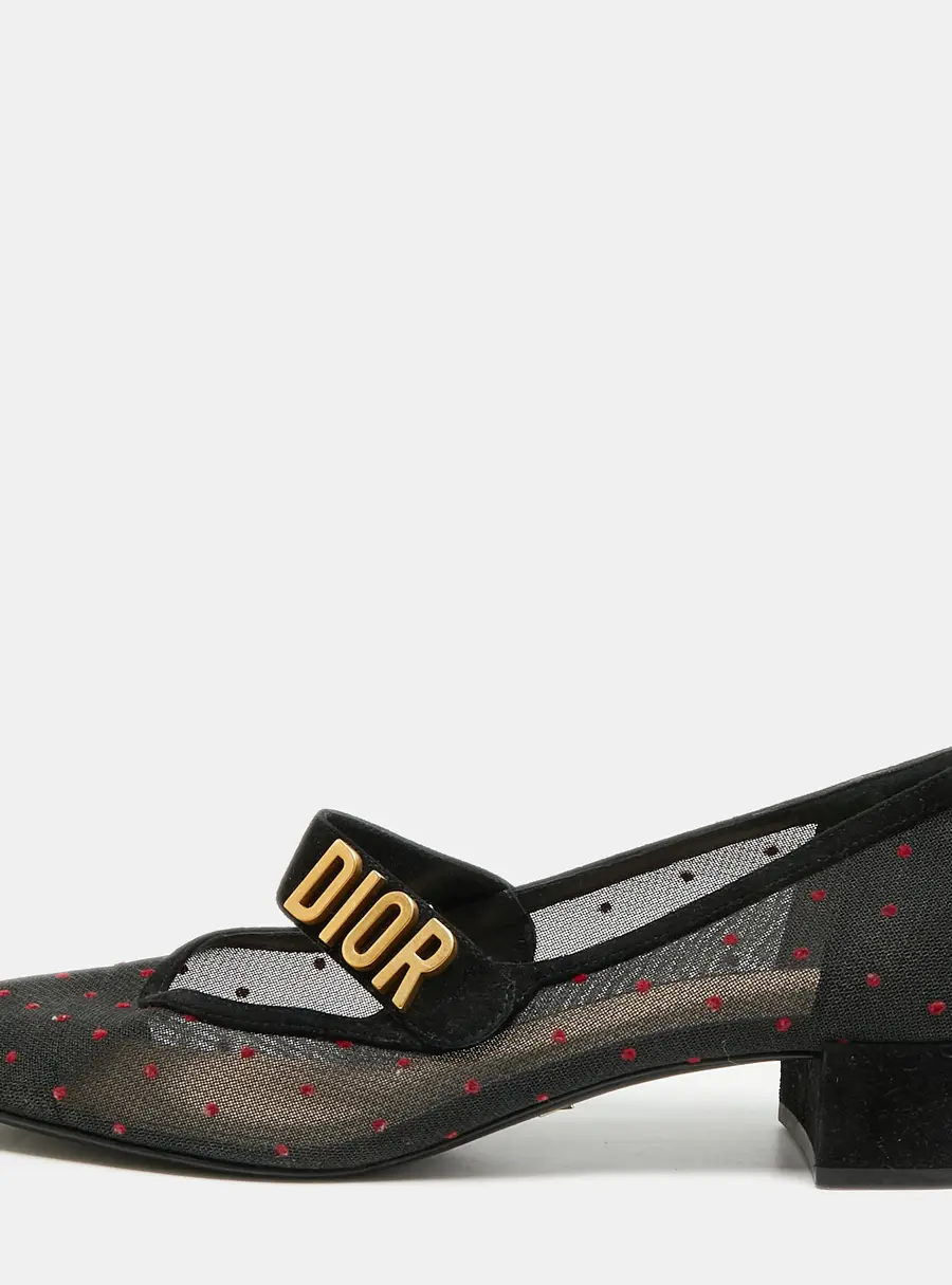 Dior Baby-D Size 39.5 Black Polka Dot Mesh and Suede Mary Jane Pumps