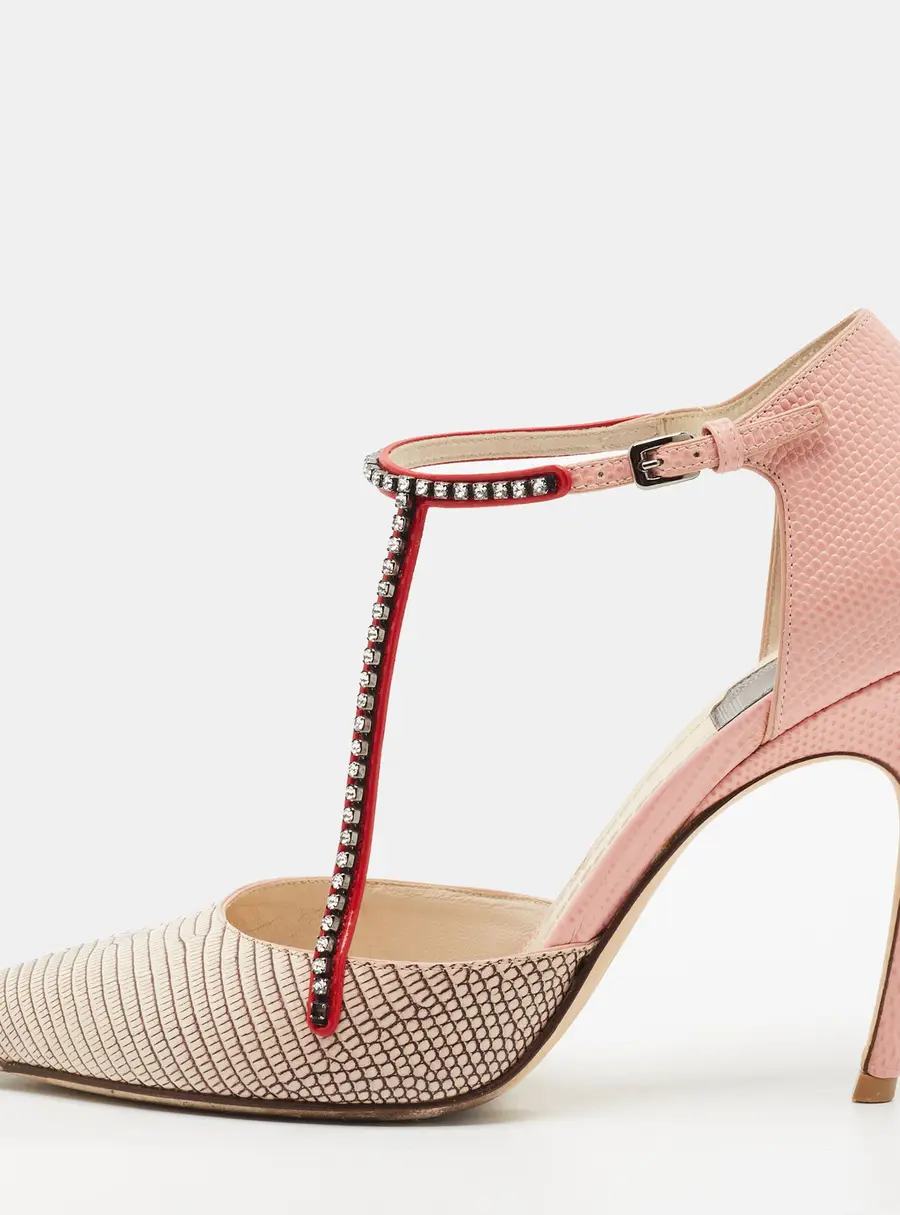 Dior Size 37.5 Tri Color Lizard Embossed Leather Crystal Embellished T-Bar Pointed Toe Pumps