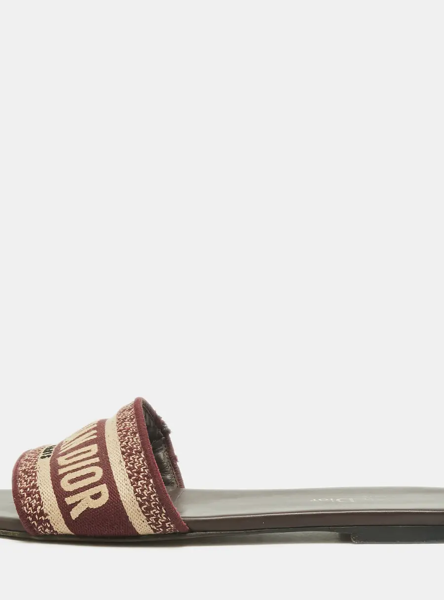 Dior Dway Size 39 Burgundy/Beige Jacquard Logo Embroidered Flat Slide