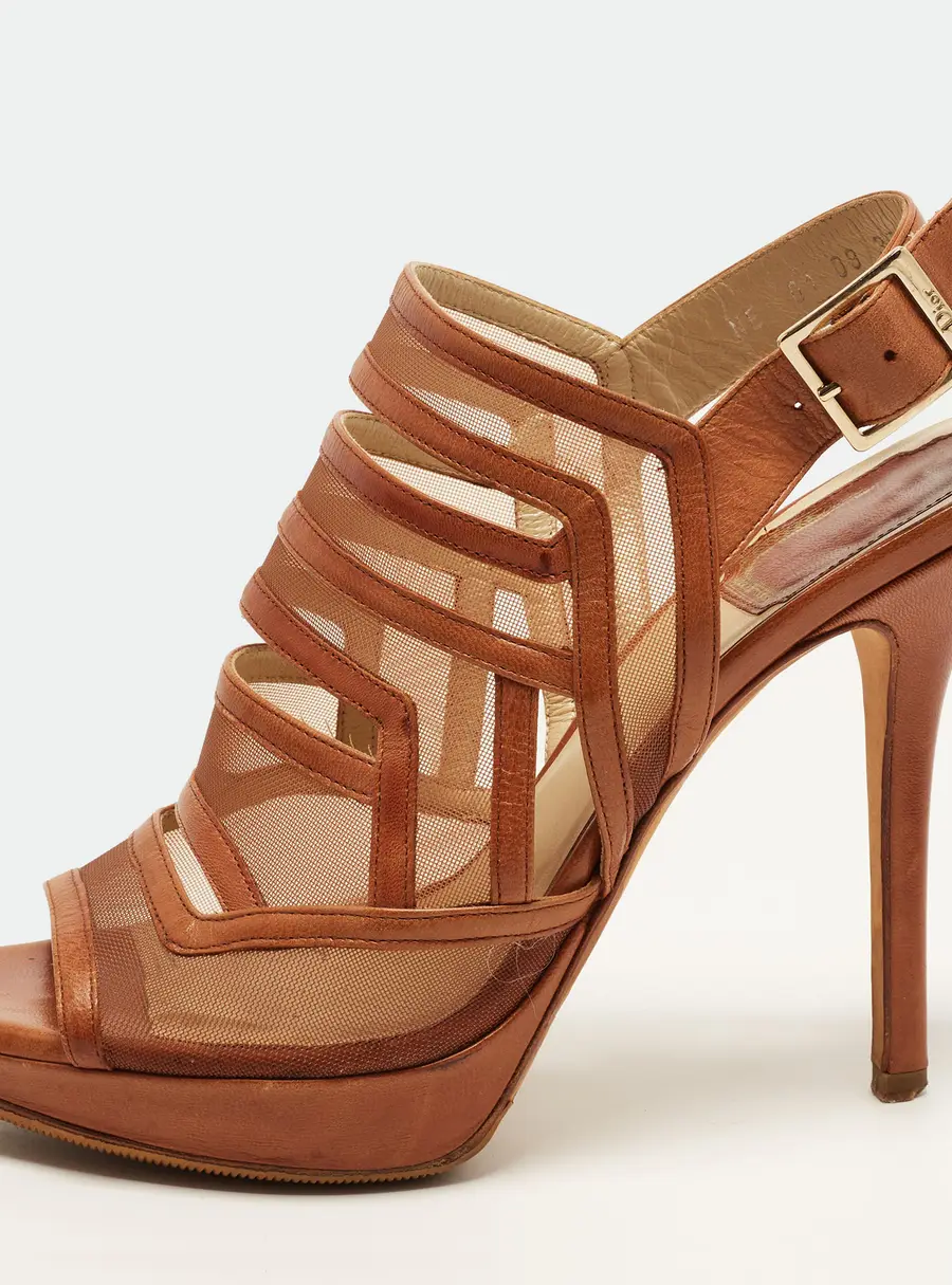 Dior Size 37 Tan Leather and Net Strappy Platform Slingback Sandals