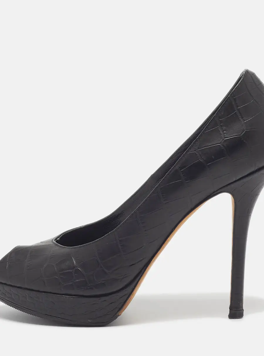 Dior Size 37.5 Black Croc Embossed Leather Peep Toe Pumps