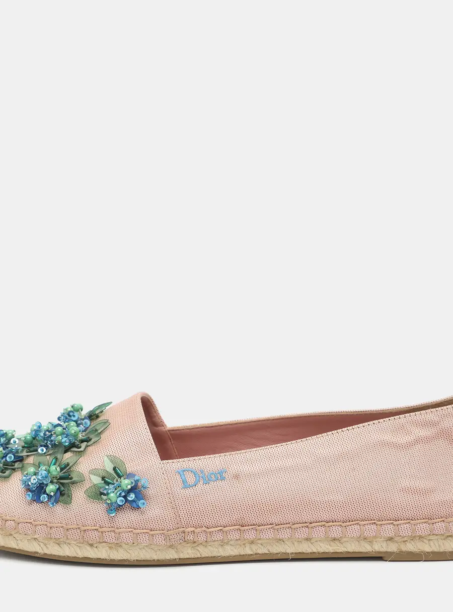 Dior Size 36.5 Pink Floral Embellished Canvas Espadrille Loafers