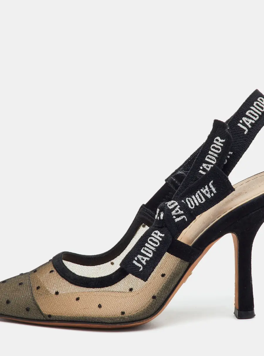 Dior J'adior Size 34.5 Black Mesh and Suede Pointed Toe Slingback Pumps